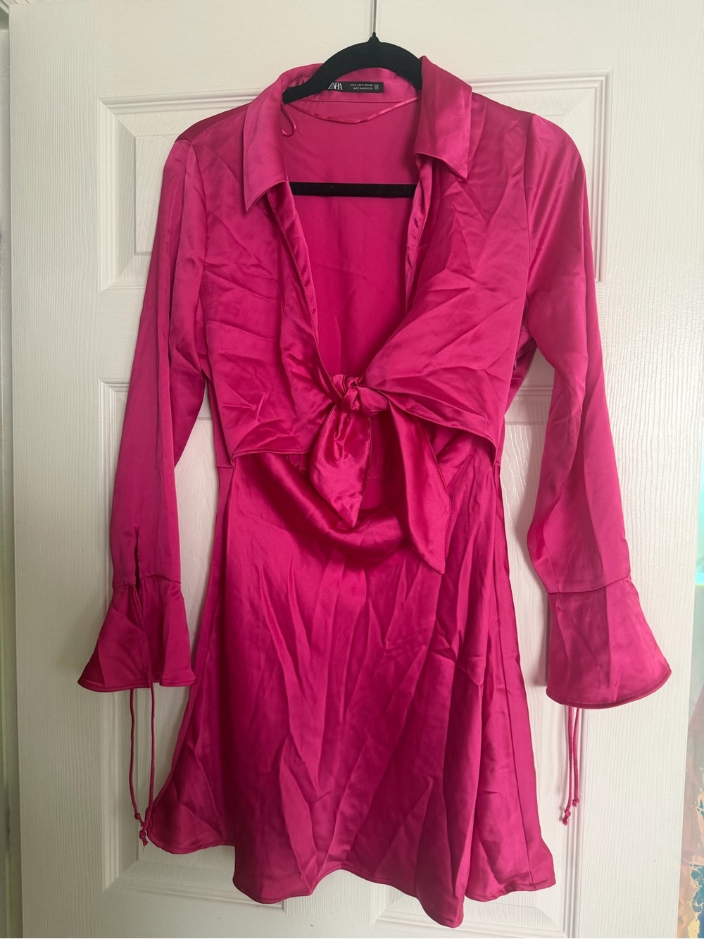ZARA Hot Pink Satin Tie-Front Mini Dress
